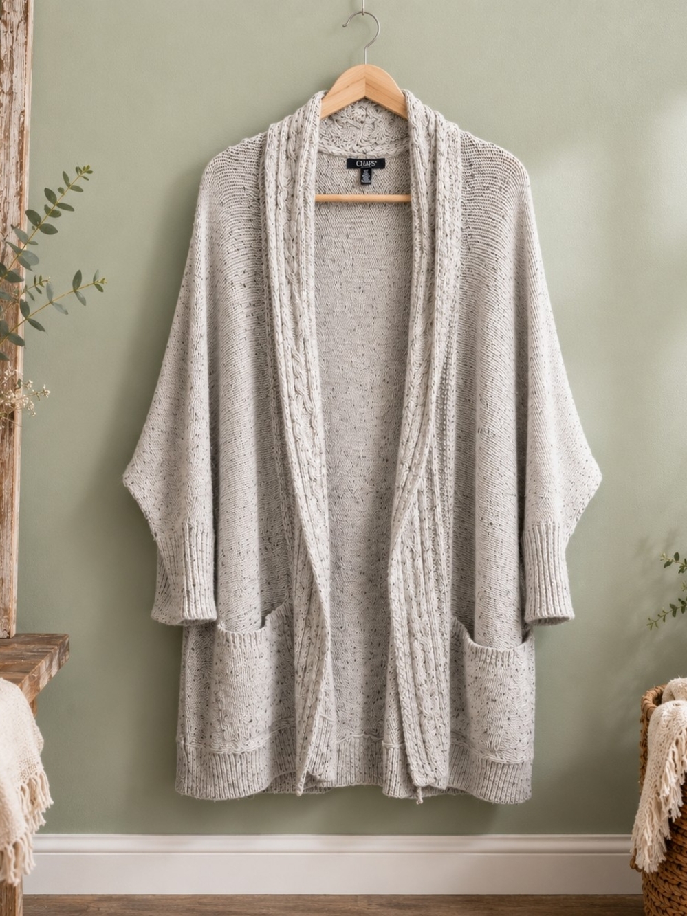 CHAPS OS Oversized Oatmeal Cable Knit Cardigan Sweater PTP 29"